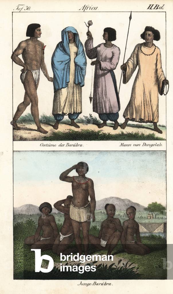 Costumes of the Baraabra people, Nubians of Sudan, and a man of Dongolan with a spear. Underneath, boys and girls Baraabra. Lithography for the book: “” Galerie complete en tableaux fideles des peuples d'Afrique” by Friedrich Wilhelm Goedsche (1785-1863), edition Meissen (Germany), 1835-1840. Costumes of the people of Baraabra, a Nubian people of Sudan, and a man of the town of Dongola with spear. Young Barabra boys in loinclothes and girls in skirts below. Handcoloured lithograph from Friedrich Wilhelm Goedsche's “” Vollstaendige Voelkergallerie in getreuen Abbildungen”” (Complete Gallery of Peoples in True Pictures), Meissen, circa 1835-1840.