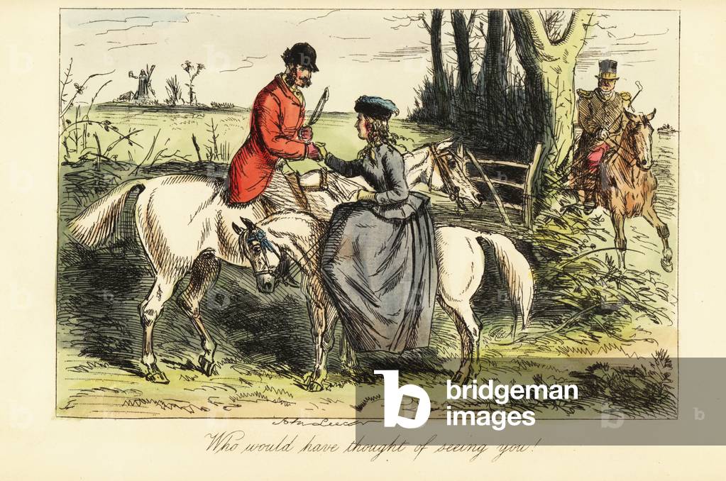 Gentleman on an old nag and lady on a pony meet up during a fox hunt, 19th century