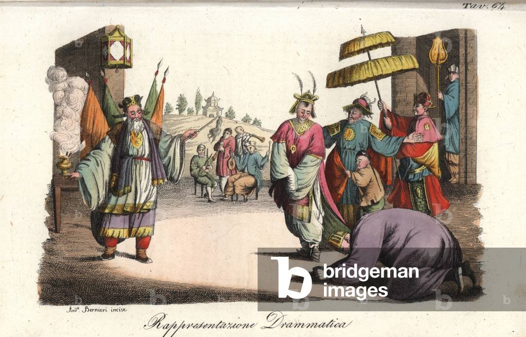 Scene from a Peking opera dramatic performance. Handcoloured copperplate engraving by Andrea Bernieri from Giulio Ferrario's Costumes Antique and Modern of All Peoples (Il Costume Antico e Moderno di Tutti i i Popoli), Florence, 1842.