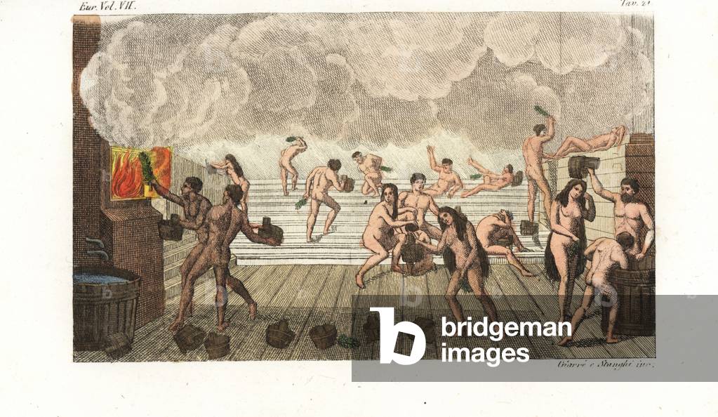 Russian banya, sauna or public baths, 18th century. Men and women scourging themselves with birch leaves, men throwing buckets of water on hot stones. Handcoloured copperplate engraving by Giarre and Stanghi from Giulio Ferrario's Costumes Ancient and Modern of the Peoples of the World, 1847.