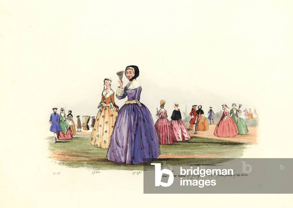 Women's costumes from 1719 to 1755, regne of George I (1660-1727) and George II (1683-1760), Long dresses with cuffs, fan and bridle hat. Lithograph by Charles Martin, engraving by Leopold Martin, published in “” Costumes civils d'Angleterre depuis la conquete à nos jours”, 1842, London.