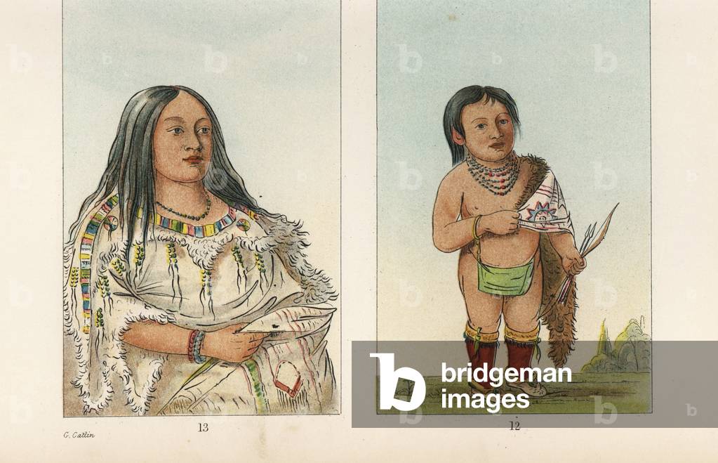 Eeh-nis-kim, Crystal Stone, squaw or wife of Stu-mick-o-sucks, head chief of the Blackfoot nation, and their grandson in raccoon skin robe. Handcoloured lithograph from George Catlin's Manners, Customs and Condition of the North American Indians, London, 1841.