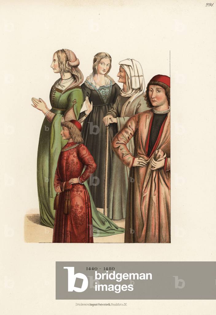 Italian women’s costumes from the mid 15th century, 1889 (chromolithograph)