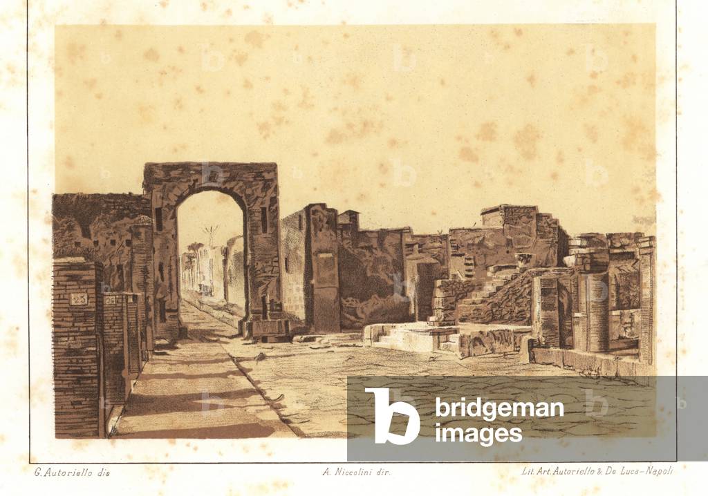 View of the Temple of Fortuna Augusta, Pompeii. On the corner of Via del Foro and Via della Fortuna. Chromolithograph and illustration by G. Autoriello from Antonio Niccoliniõs Pompeii: Views and Restorations (Pompeii: Essaies et Restorations), published by Autoriello & De Luca, Naples, 1898. Antonio was grandson of the architect Antonio Niccolini Sr.