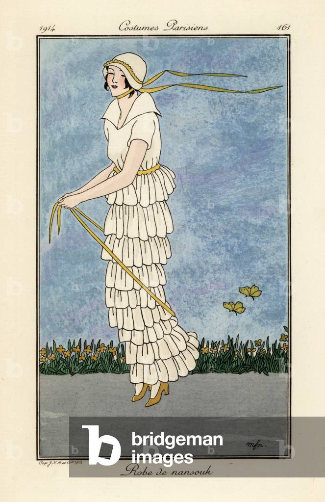 Woman skipping in white nainsook ruffled dress.