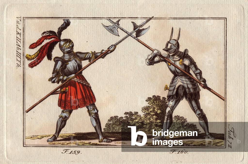 Image of Knights fighting on foot, duel with halberde during a tournament.