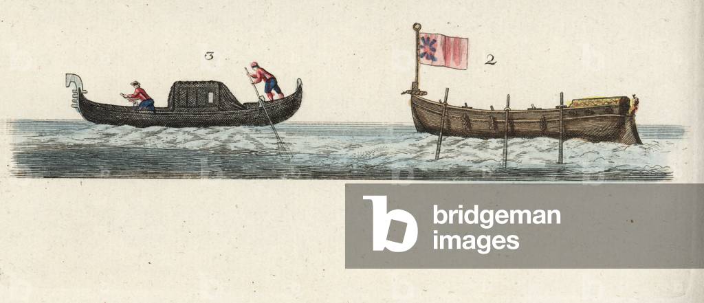 Longboat 2 and gondola 3. Handcoloured copperplate engraving after Christiane Henriette Dorothea Westermayr from Friedrich Johann Bertuch's Bilderbuch fur Kinder (Picture Book for Children), Weimar, 1792.