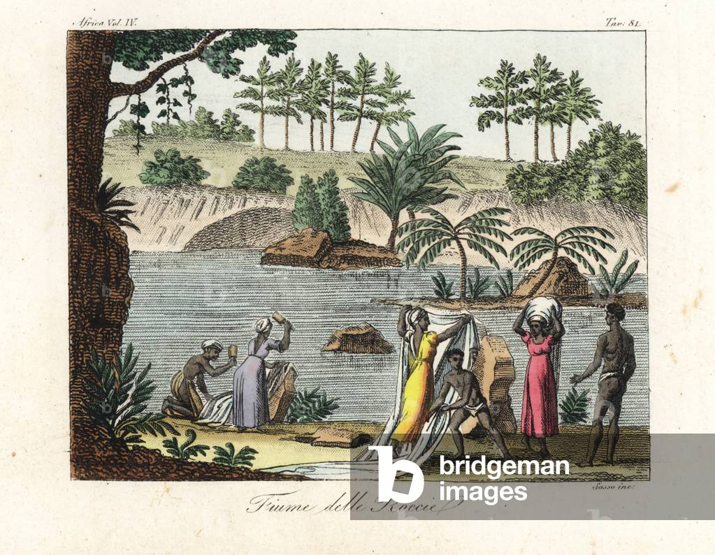 Women beating clothes and washing and drying fabric on rocks in a river in Madagascar. Handcoloured copperplate engraving by Antonio Sasso from Giulio Ferrario's Ancient and Modern Costumes of all the Peoples of the World, 1843.