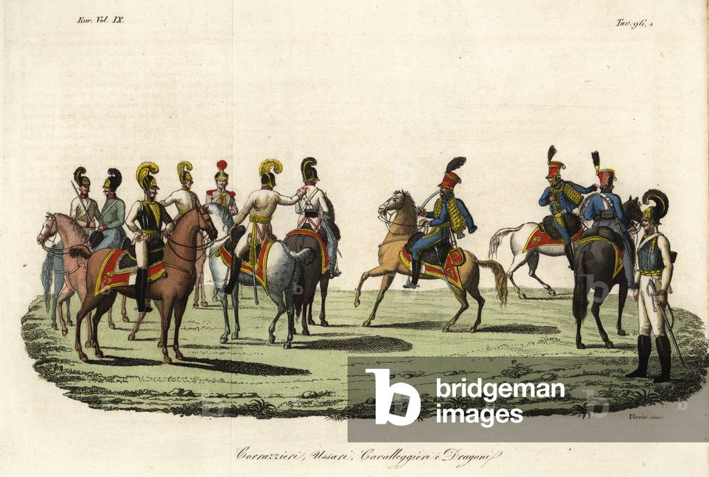 Heavy cavalry of the Imperial Army, 19th century. (handcoloured copperplate engraving)