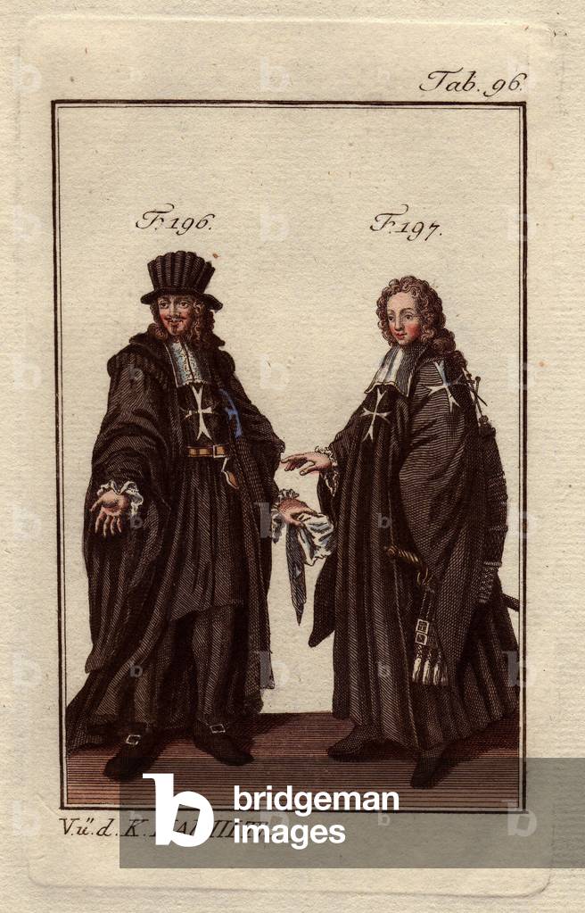 Grand Master of the Hospital Order of Saint John of Jerusalem, or knight of Malta in his ordinary costume and a knight of the rank of Grand Cross of the Order of Malta. The Knights Hospitallers or the Order of Saint John of Jerusalem, was established in 1118, by Frere Gerard or Pierre Gerard de Martigues (around 1040-1120, mistakenly called Gerard Tenque). Their original purpose was to treat sick pelerins, but the order evolved into a military order around 1140. After their expulsion from the Holy Land, the order evoluted and became the Knights of Malta.