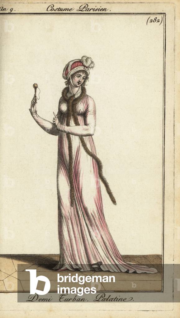 Fashionable woman in half-turban and Palatine fur scarf, 1800 (handcoloured copperplate engraving)