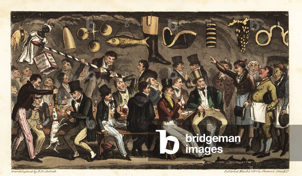 Drinking party at the Christopher public house for a society of old Etonians that stole inn and shop signs. Signs for a pawn shop, milliners, optician, wineseller, fishmonger, cobbler, barber, etc. Oppidan's Museum, or Eton Court of Claims at the Christopher. Handcoloured copperplate drawn and engraved by Robert Cruikshank from The English Spy, London, 1825. Written by Bernard Blackmantle, a pseudonym for Charles Molloy Westmacott.