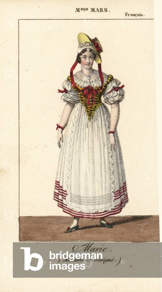 Actress Mademoiselle Mars, Anne Franoise Hyppolyte Boutet Salvetat, 1779-1847, as Marie in Madame de Sevigne at the Theatre Francais, Paris. Handcoloured copperplate engraving from Charles Malo's Almanach des Spectacles by K. and Z, Chez Janet, Paris, 1818.