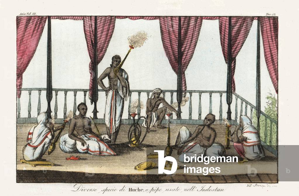 Different types of hookah pipes of India: gargara, snake hookah, narikel, cheroot, narikel and gargara. Handcoloured copperplate drawn and engraved by Andrea Bernieri after Francois Solvyns from Giulio Ferrario's Ancient and Modern Costumes of all the Peoples of the World, Florence, Italy, 1844.