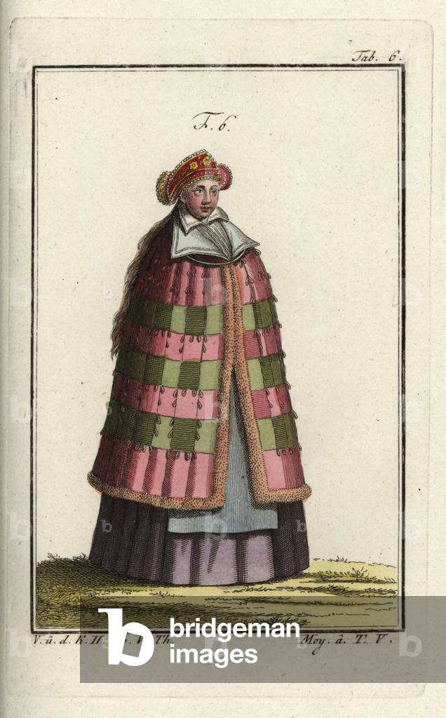 Silesian bride on her way to church. Gold-decorated hat, long full dress and cloak made up of squares of fur. Handcolored copperplate engraving from Robert von Spalart's “” Historical Picture of the Costumes of the Principal People of Antiquity and of the Middle Ages,”” Vienna, 1811. Illustration based on Thomas Jefferys Collection of Dresses of Different Nations, Antient and Modern. After the Designs of Holbein, Van Dyke, Hollar, and others, London, 1757.