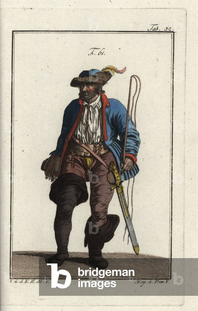 English coachman of the 16th century with whip, high boots and sabre. Handcolored copperplate engraving from Robert von Spalart's “” Historical Picture of the Costumes of the Principal People of Antiquity and of the Middle Ages,”” Vienna, 1811. Illustration based on Cesare Vecellio's Habiti Antichi e moderni, Venice, 1590