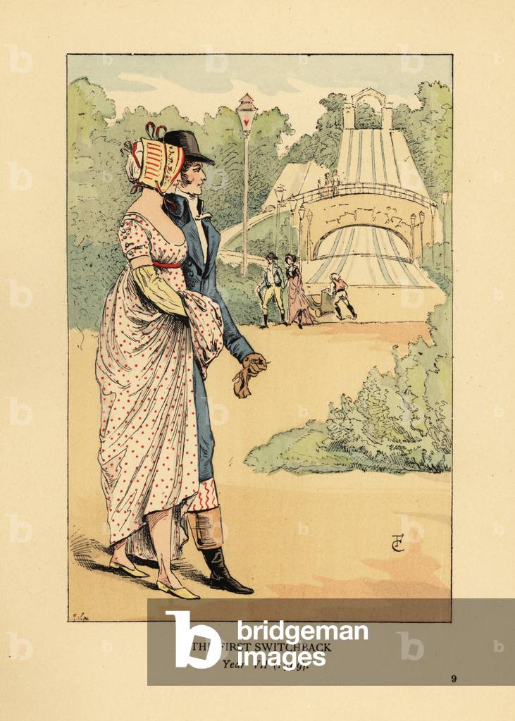 Fashionable couple at the Russian Mountains rollercoaster, Les Montagnes Russes a Belleville, built in 1812. (The first switchback, Year VII, 1799). Handcoloured lithograph by R.V. after an illustration by Francois Courboin from Octave Uzanne’s Fashion in Paris, William Heinemann, London, 1898.