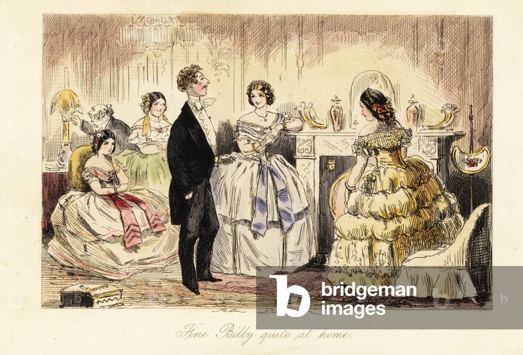 English gentleman visiting with a lady and her daughters in a drawing room, 19th century