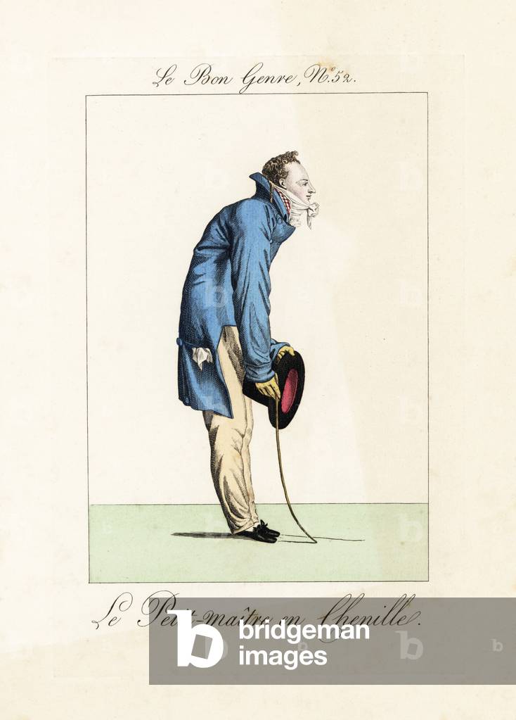 Young man in chenille yarn jacket, tie, gloves, trousers, top hat and stick. When fashions appear strange or embarrassing, I recall the hammer wigs, wide-sleeve coats, arabesque embroidery, wooden heels, huge sneakers, that were found majestic or convenient by our fathers.” Handcoloured engraving from Pierre de la Mesanger's Le Bon Genre, Paris, 1817.