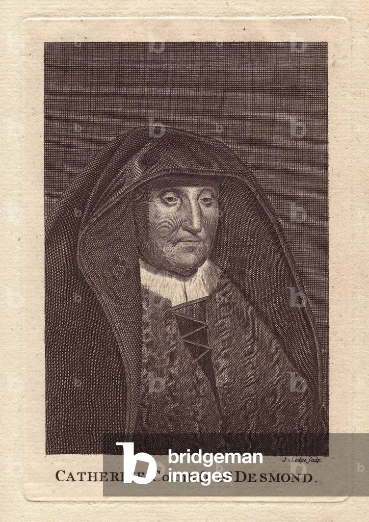 Catherine or Katherine Fitzgerald, Countess of Desmond (d. 1604), Irish noblewoman nicknamed the “” old countess”” and famous for living to 120 years of age. Copperplate engraving by J. Lodge from an unknown artist's portrait.