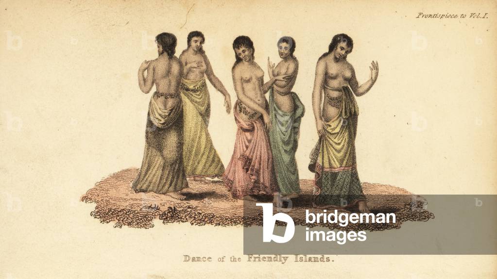 Women dancing for Queen Tine on the Island of Tonga (dance of the Friendly Islands). Handcoloured stipple engraving from Frederic Shoberl's The World in Miniature: The South Sea Islands, Ackermann, London, 1824. Copied from an illustration by Piron from An Account of A Voyage in search of La Perouse.