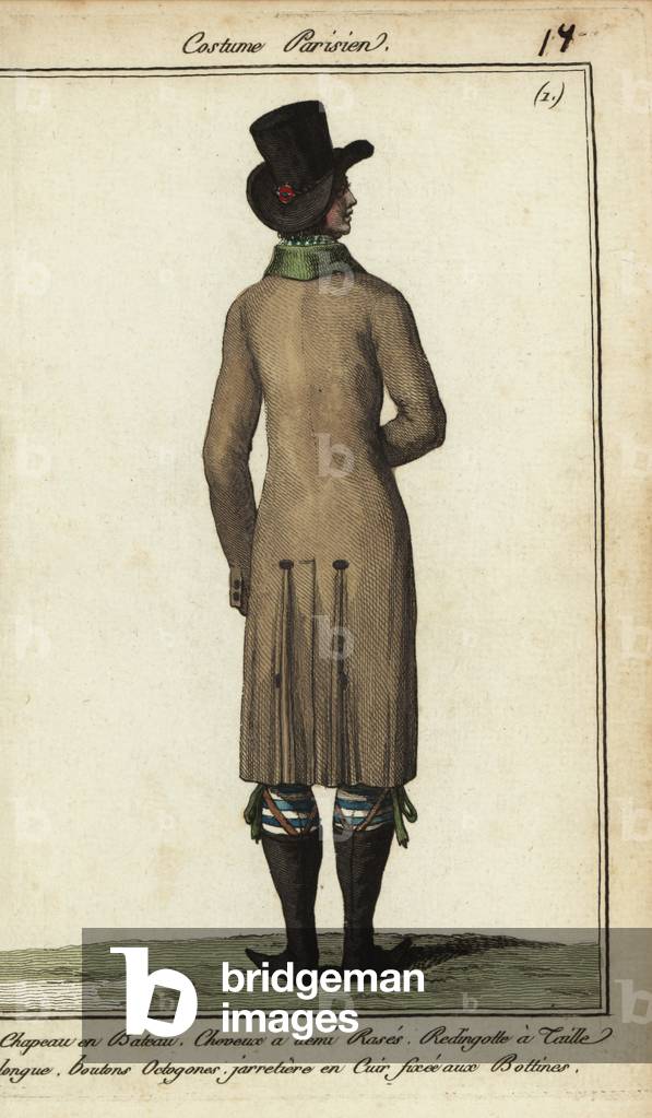 Gentleman in long riding coat, 1798 (handcoloured copperplate engraving)
