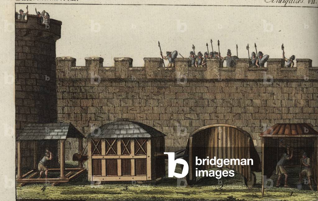 Roman antiquite: seat machines, shelter for digging a tunnel 1, semi-circular shelter 2, shelter with belier 3, shelter on rolling cylinder 4 - Roman siege engines: shelter for sappers digging a tunnel, Vineae 1, semi-circular shelter Pluteus 2, shelter Testudo with battering ram Aries 3, shelter on rolling cylinders Musculus 4. Handcoloured copperplate engraving from Friedrich Johann Bertuch's Bilderbuch fur Kinder (Picture Book for Children), Weimar, 1795.