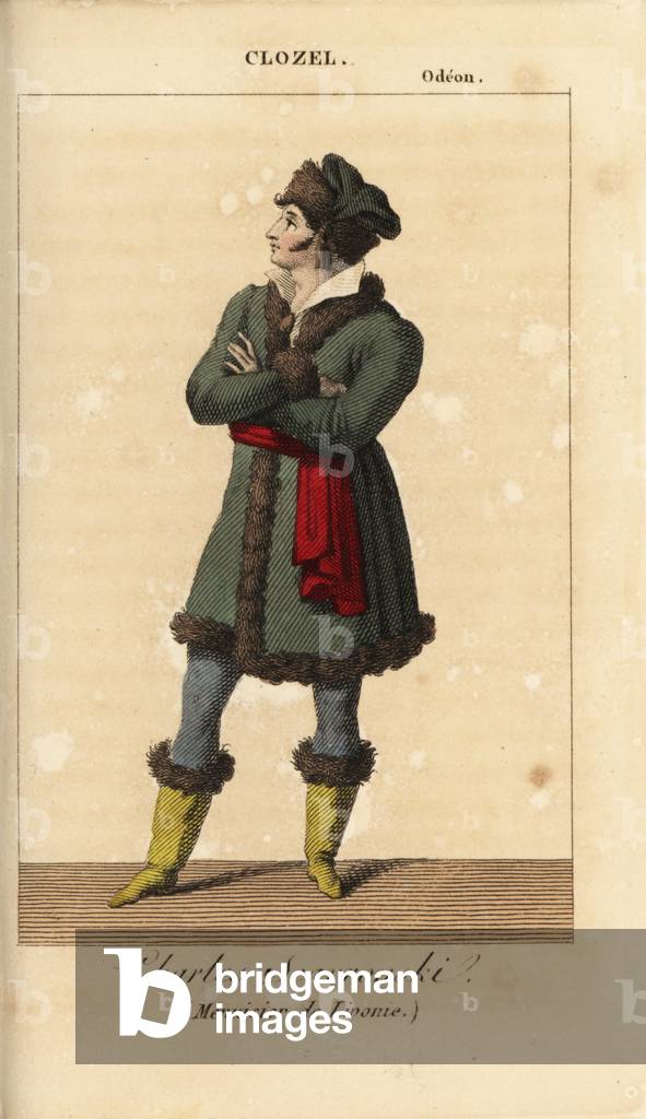 French actor Pierre Clozel (1772-1840) as Charles Scavronski in Menuisier de Livonie by Alexandre Duval at the Odeon Theatre, Paris. Handcoloured copperplate engraving after Joly from Charles Malo's Almanach des Spectacles by K. Y. Z, Chez Louis Janet, Paris, 1820.