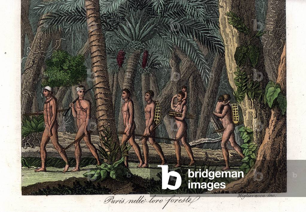 Nomadic Puri people armed with spears and sticks moving through the Amazon jungle. Handcoloured copperplate engraving by Migliavacca from Giulio Ferrario's Costumes Antique and Modern of All Peoples (Il Costume Antico e Moderno di Tutti i i Popoli), Florence, 1842.