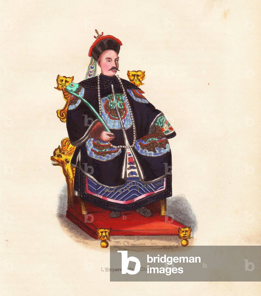 The Emperor of China in embroidered robes and hat with peacock feather seated on his throne. Handcoloured woodcut by Mercier after an illustration by Pannemaker from Auguste Wahlen's “” Mores, Uses et Costumes de tous les Peuples du Monde,”” Librairie Historique-Artistique, Brussels, 1845. Wahlen was the pseudonym of Jean-Francois-Nicolas Loumyer (1801-1875), a writer and archivist with the Heraldic Department of Belgium.