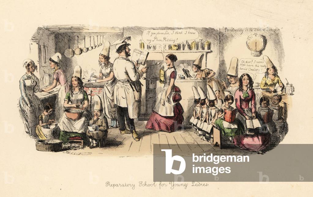 Preparatory School for Young Ladies, 1851. Young ladies in aprons in a kitchen studying cookery with small girls in dunces' caps. Young ladies were urged to become good housewives. Handcoloured etching by John Leech from Follies of the Year, from Punchõs Pocket Books, Bradbury, London, 1864.