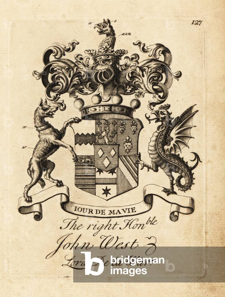 Coat of arms of the Right Honourable John West, 1st Earl De La Warr, Lord de la War, 1693-1766, Copperplate engraving by Andrew Johnston after C