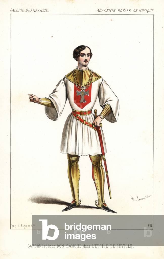 Italian tenor Italo Gardoni as Don Sanche in L'Etoile de Seville by Michael Balfe, Royal Academy of Music, 1846. Handcoloured lithograph after an illustration by Alexandre Lacauchie from Victor Dollet's Galerie Dramatique: Costumes des Theatres de Paris, Paris, 1846.