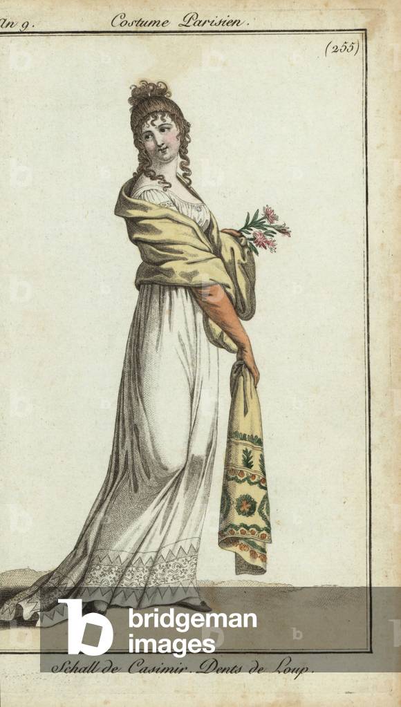Fashionable woman wearing a cashere shawl, 1800 (handcoloured copperplate engraving)