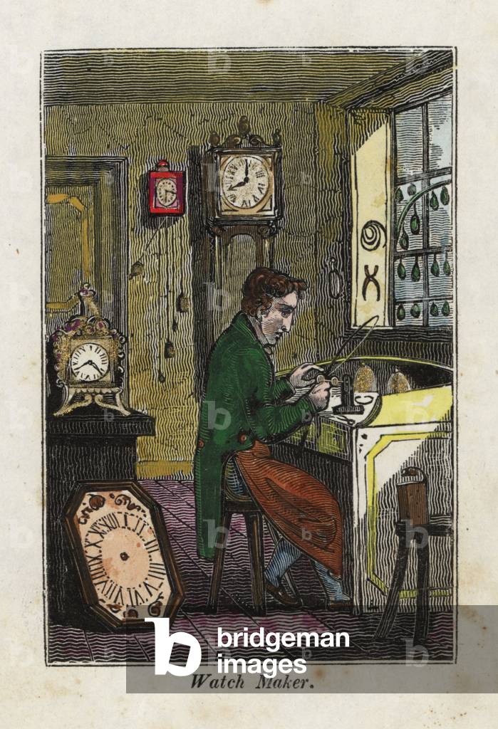 Watch maker in apron seated at his bench making metal gears. Handcoloured woodcut engraving from The Book of English Trades and Library of the Useful Arts.