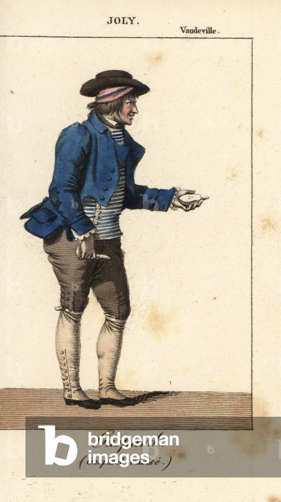 Actor Joly or Adrien Jean Baptiste Mussat (1776-1839) as Gaspard in Gaspard l'avise by Jean-Baptiste Radet at the Theatre du Vaudeville. Handcoloured copperplate engraving from Almanach des Spectacles by K. and Z, attributed to Charles Malo, Chez Janet, Paris, 1818.