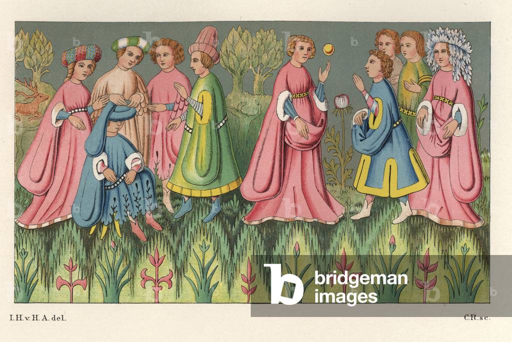 Tapestry around 1380-1430, with characters playing ball and other games, in a garden - Chromolithography, drawing by Jakob Heinrich von Hefner-Alteneck (1811-1903), for his book “Costumes, crafts and instruments from the Middle Ages at the end of the 18th century”, published by Heinrich Keller, Frankfurt, 1883