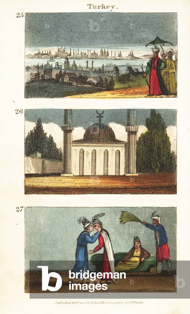 View of Constantinople (Istanbul) in the early 19th century 25, Muslim mosque with dome and minarets 26, and young Greek women kissing each other on the eyes 27