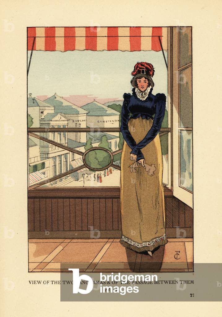Woman at window overlooking the Panoramas and the Passage des Panoramas, on Boulevard Montmartre, Paris, 1810. View of the Two Panoramas and of the Passage between them. She wears bonnet, spencer jacket, high lace collar and walking dress. The Panoramas were an attraction built by Robert Fulton showing cityscapes (Boulogne and Constantinople) and battlescenes. Handcoloured lithograph by R.V. after an illustration by Francois Courboin from Octave Uzanne’s Fashion in Paris, William Heinemann, London, 1898.