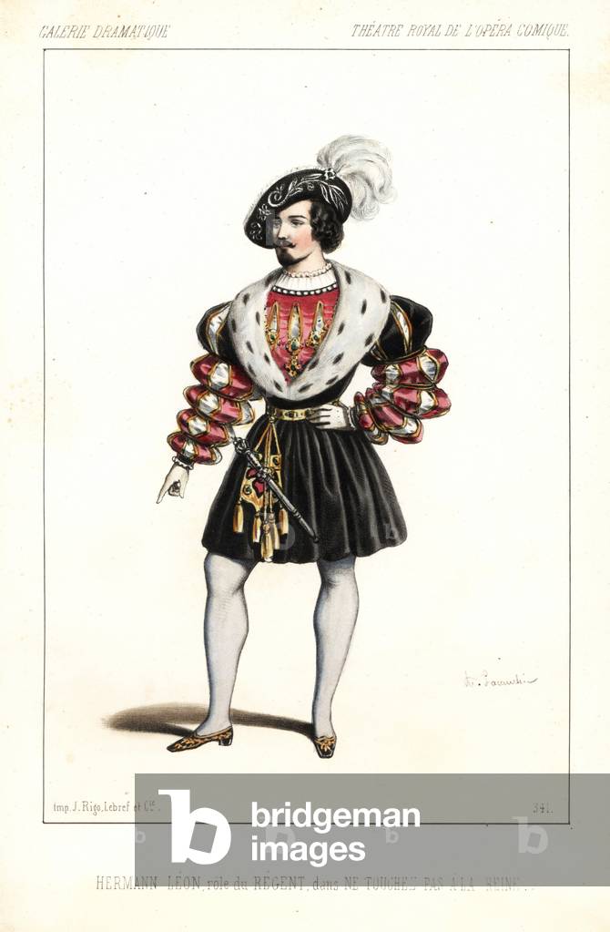 Baritone opera singer Leonard Hermann-Leon (1814-1858) as the Regent in Ne Touchez pas a la Reine by Xavier Boisselot and Eugene Scribe, Theatre Royal de l'Opera Comique, 1847. Handcoloured lithograph after an illustration by Alexandre Lacauchie from Victor Dollet's Galerie Dramatique: Costumes des Theatres de Paris, Paris, 1847.