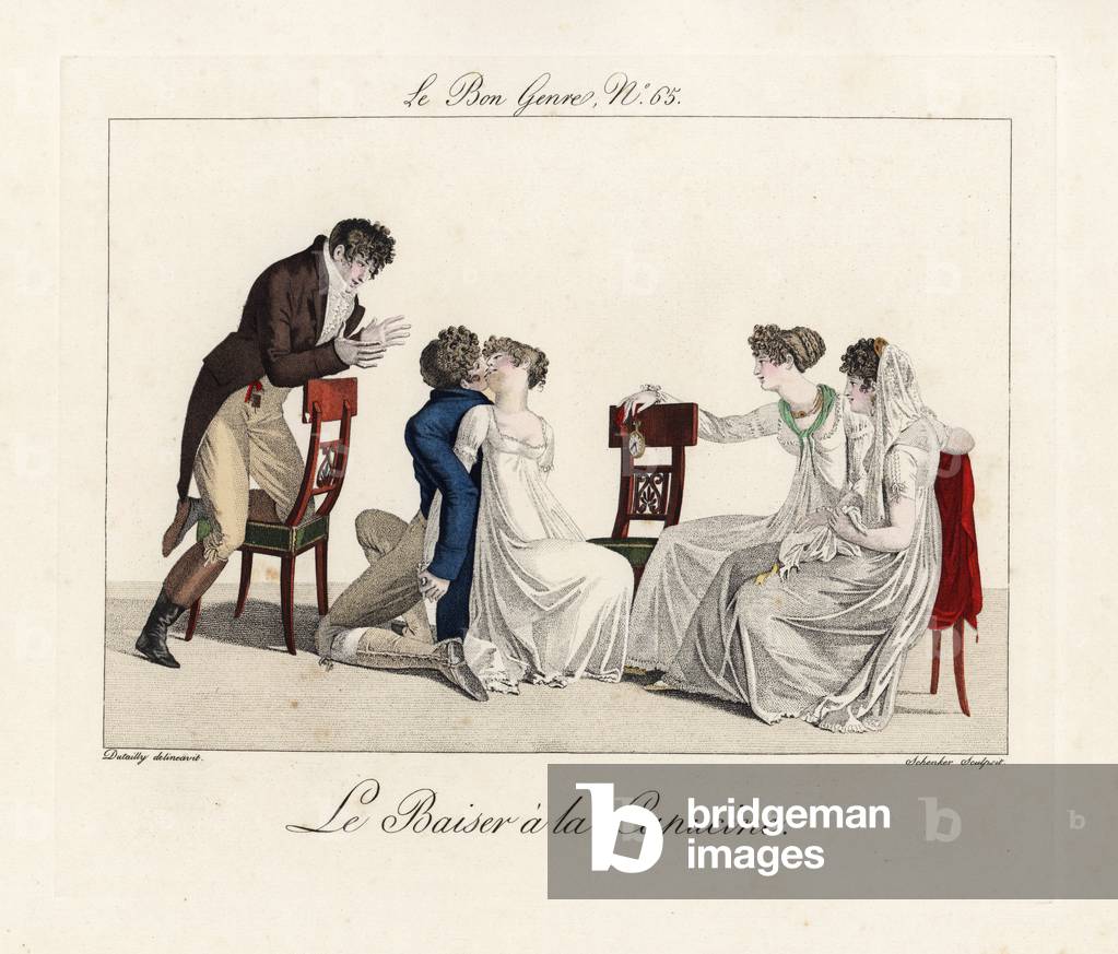 Fashionable people playing the Capucine kissing game. The players must sit back to back with their arms entwined and endeavor to give each other a kiss on the lips by their contortions. Illustration by Dumailly, engraved by Schenker, from Pierre de la Mesanger's Le Bon Genre, Paris, 1817.