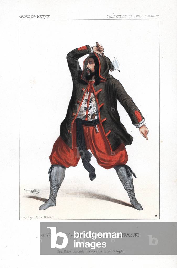 Eugene Grailly in the role of Kernoc in Les Naufrageurs de Kerougal, by Boule, Chabot de Bouin and Saint-Yves, Theatre de la Porte St. Martin, 1844. Handcoloured lithograph after an illustration by Victor Dollet from Galerie Dramatique: Costumes des Theatres de Paris, Paris, 1844.