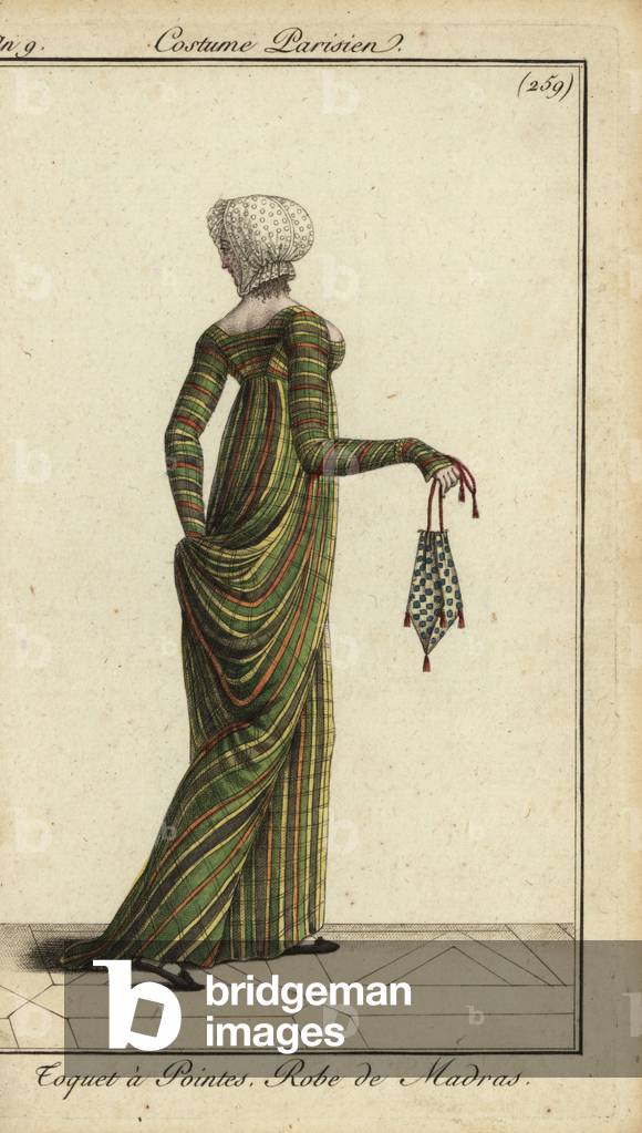 Fashionable woman in Madras check dress, 1800 (handcoloured copperplate engraving)