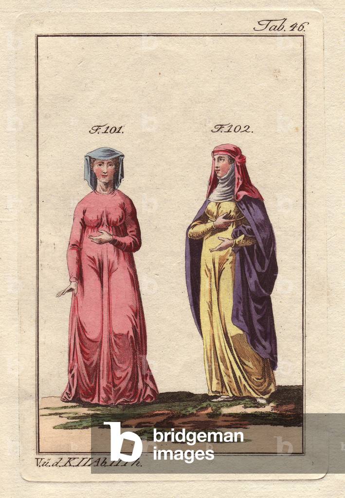 Blanche (died 1310), daughter of Jean de Laon, sire of Atteinville and Adelaide of Vermandois (944-975), wife of Lambert, count of Chalon sur Saone, circa 955, then wife of Geoffroy I count of Anjou, in 959. The Franc women's tunic covered the body from the neck to the feet, making the contours of the waist visible with elegance (101 and 102). The veil covered with grace, the curls of their hair, which reappeared from below, produced a charming effect. These descriptions date back to the 13th century, when these types of sails were still in use.Copper engraving hand-coloured, in “Images historiques des costumes des principaux peuples de l'Antiquite et du Middle Ages” by Robert Von Spalart, published in 1796.