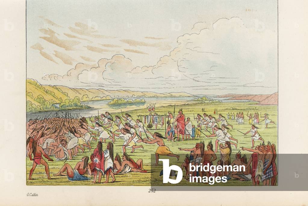 Sioux or Dakota women playing the ball-game with sticks (similar to lacrosse or hockey), while the men watch and laugh. Handcoloured lithograph from George Catlin's Manners, Customs and Condition of the North American Indians, London, 1841.