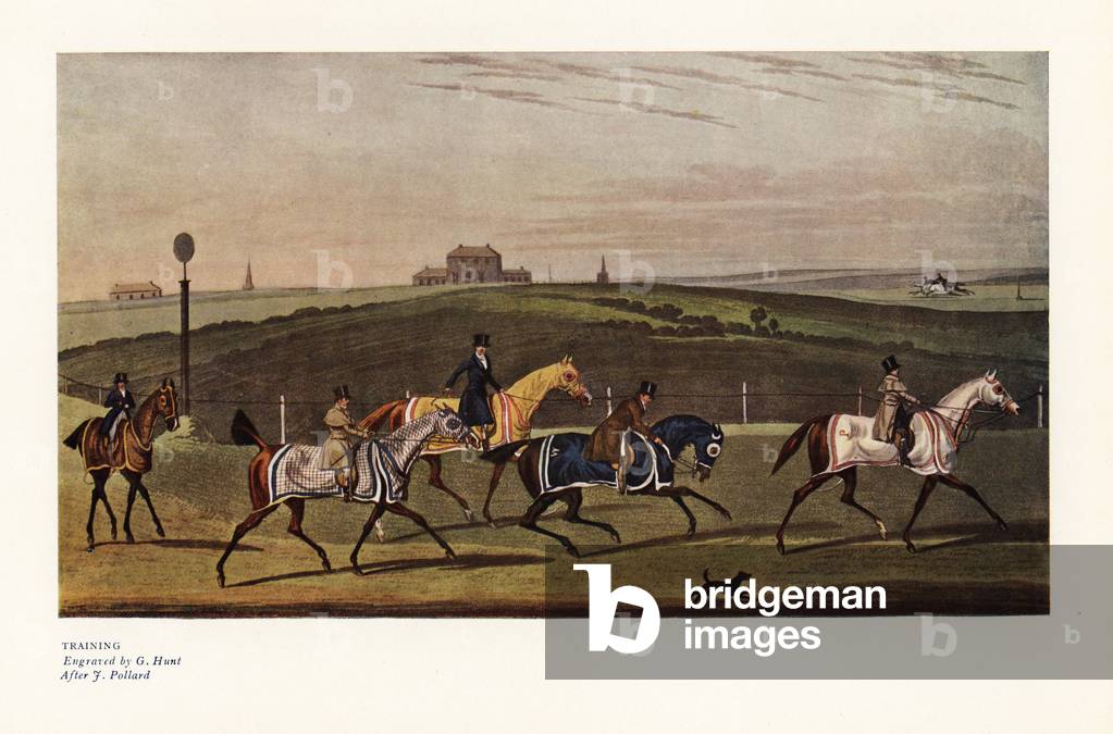 Jockeys training horses on a race course. Color print after an engraving by G. Hunt from an illustration by James Pollard in Ralph Nevill’s Old Sporting Prints, The Connoisseur Magazine, London, 1908.