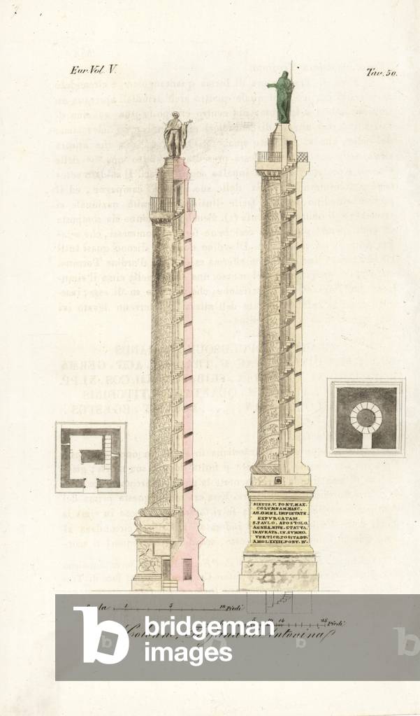 Plan and elevation of Trajans Column and the Column of Marcus Aurelius (the Antonine Column), Rome
