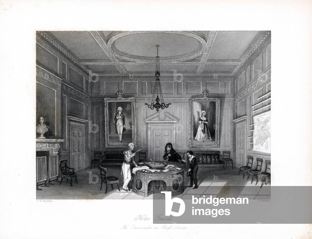 An officer's widow in mourning dress presents her son to the Commander in Chief for admission to a military school at Horse Guards. Steel engraving by T. Turnbull after an illustration by Thomas Hosmer Shepherd from London Interiors, Their Costumes and Ceremonies, Joshua Mead, London, 1841.