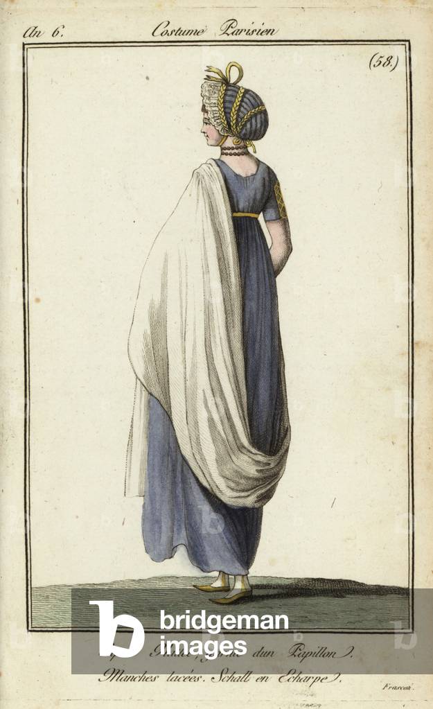 Fashionable woman in a capote hood at Cafe Frascati, 1798 (handcoloured copperplate engraving)