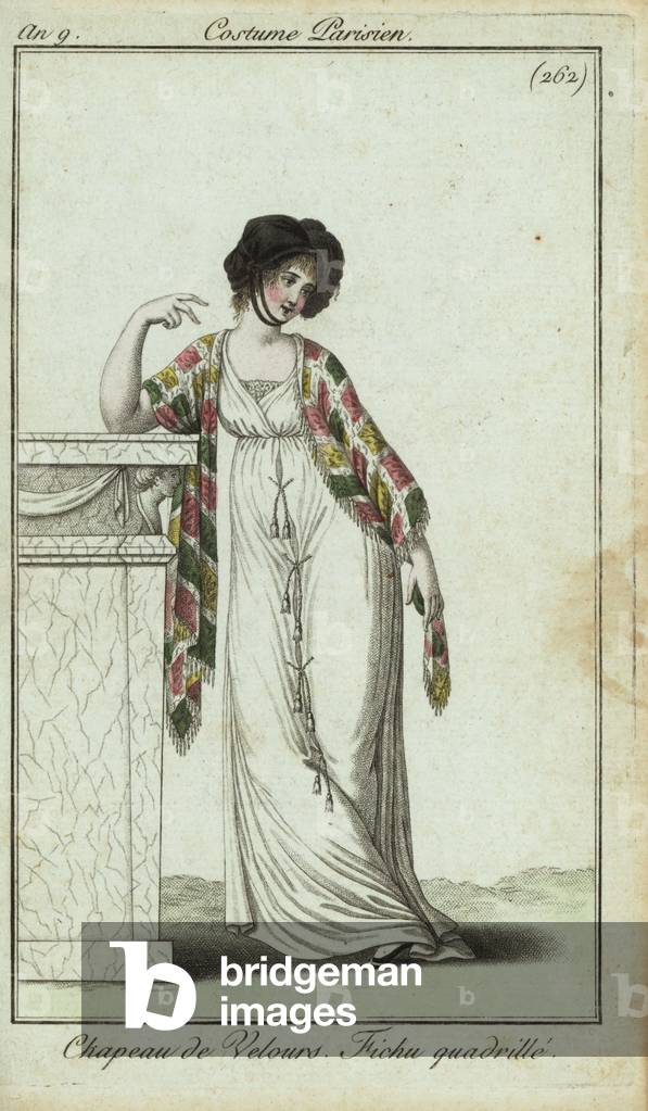 Fashionable woman leaning on a mantlepiece, 1800 (handcoloured copperplate engraving)